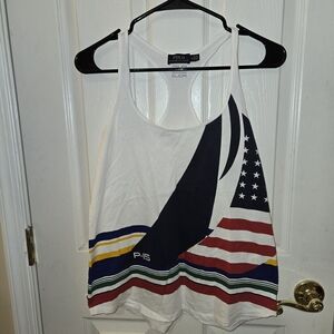 Ralph Lauren Women's White Tank Top with Flag and Stripe Design